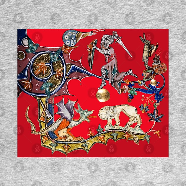 WEIRD BESTIARY,MEDIEVAL KNIGHT FIGHTING SNAIL,DRAGON AND LION IN ROYAL RED by BulganLumini